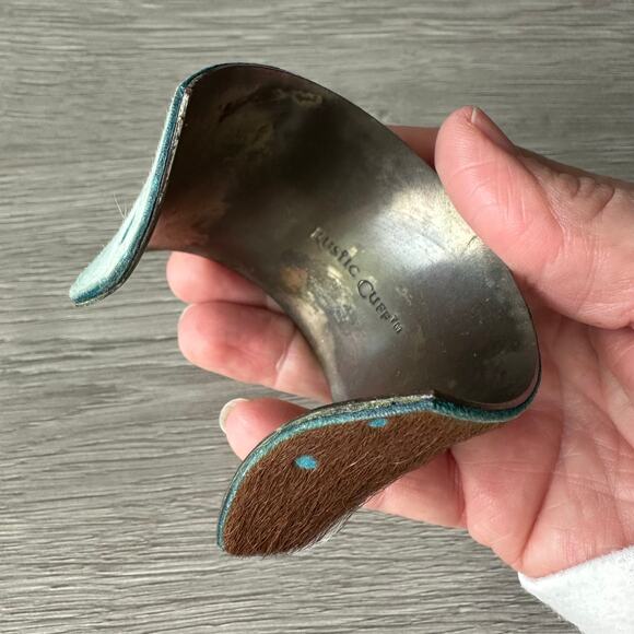 Rustic Cuff Cowhide Wide Cuff Bracelet Turquoise & Brown - Picture 8 of 9